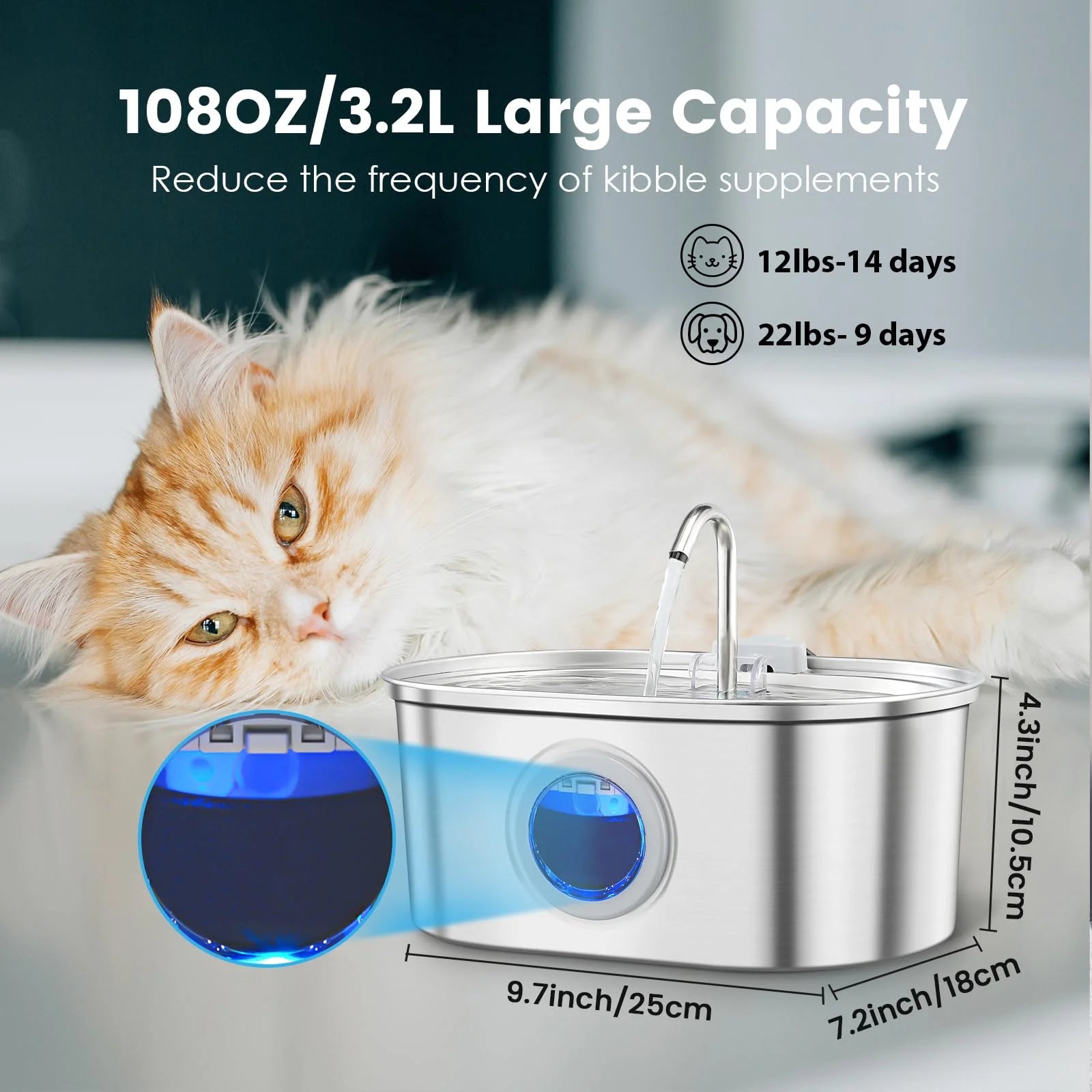 Premium 3.2L Stainless Steel Pet Water Fountain with Visible Water Level Window