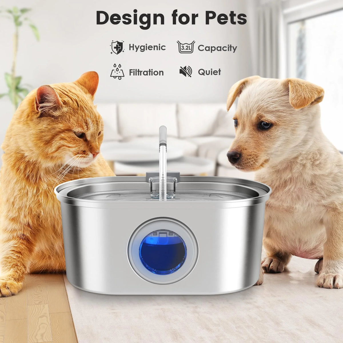 Premium 3.2L Stainless Steel Pet Water Fountain with Visible Water Level Window