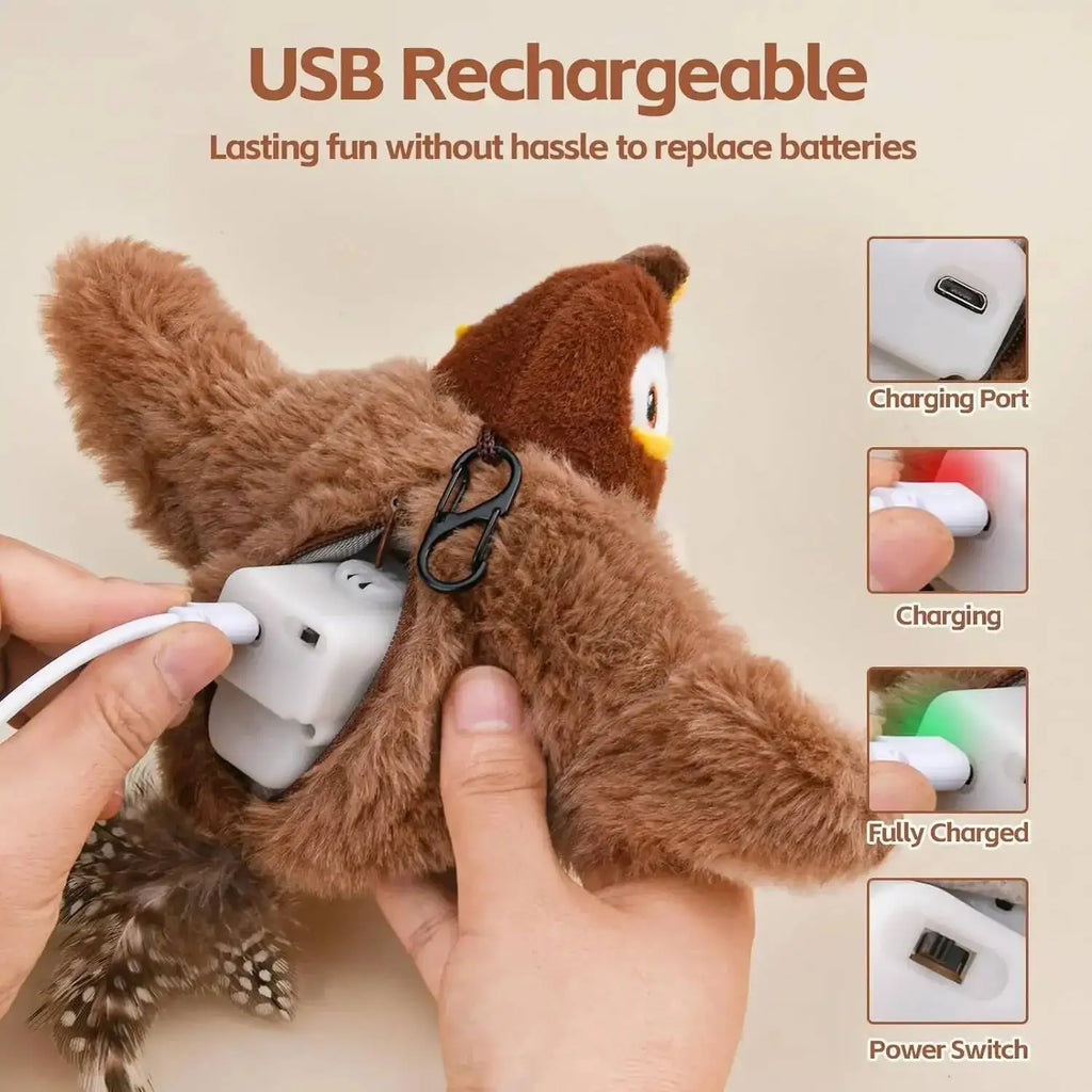Rechargeable Interactive Chirping & Flapping Bird Toy for Cats & Small Dogs | Touch-Activated Plush Hunting Toy
