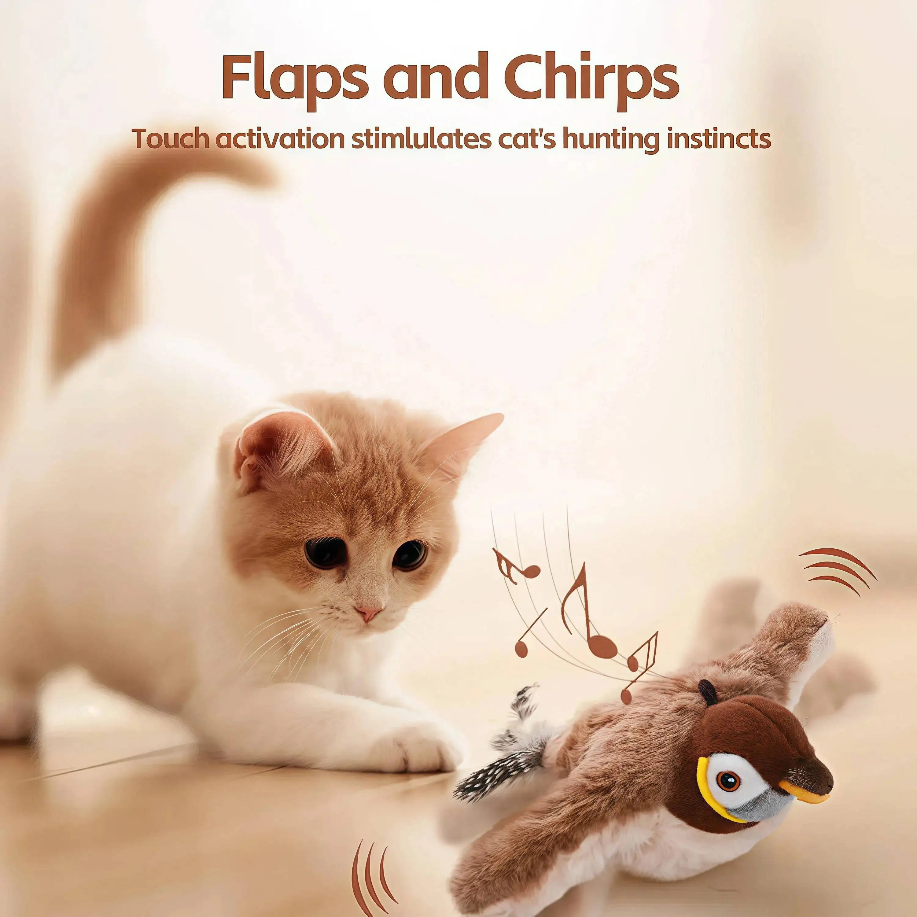 Rechargeable Interactive Chirping & Flapping Bird Toy for Cats & Small Dogs | Touch-Activated Plush Hunting Toy